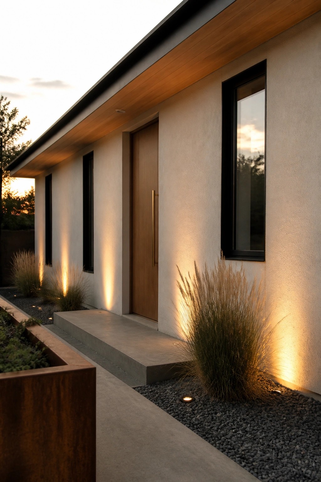 A modern house exterior at dusk with a wooden door, tall black-framed windows, and ground lights casting upward beams across the light stucco walls.