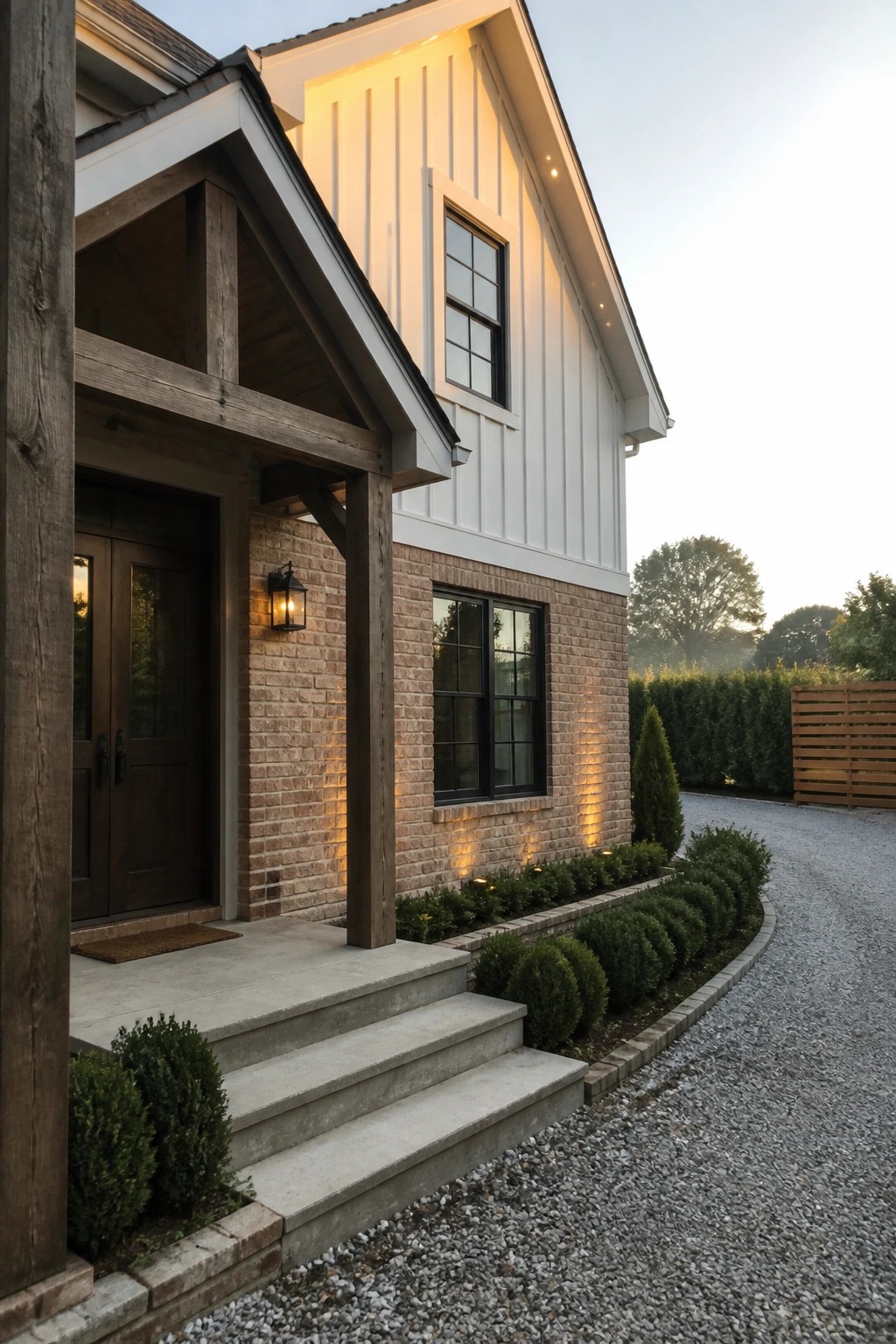A modern farmhouse exterior at dusk with low ground lights washing upward along the brick base and white vertical siding.