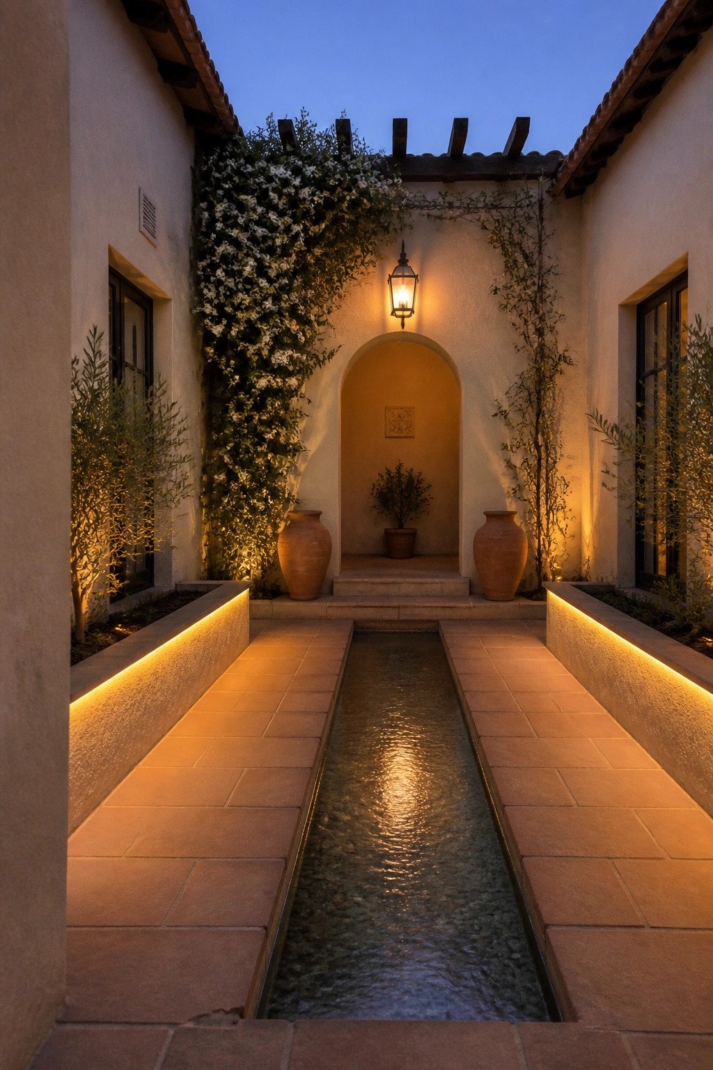 A narrow courtyard at dusk with a long water channel running between tiled paths, warm lights washing the stucco walls and illuminating climbing plants and large clay pots.