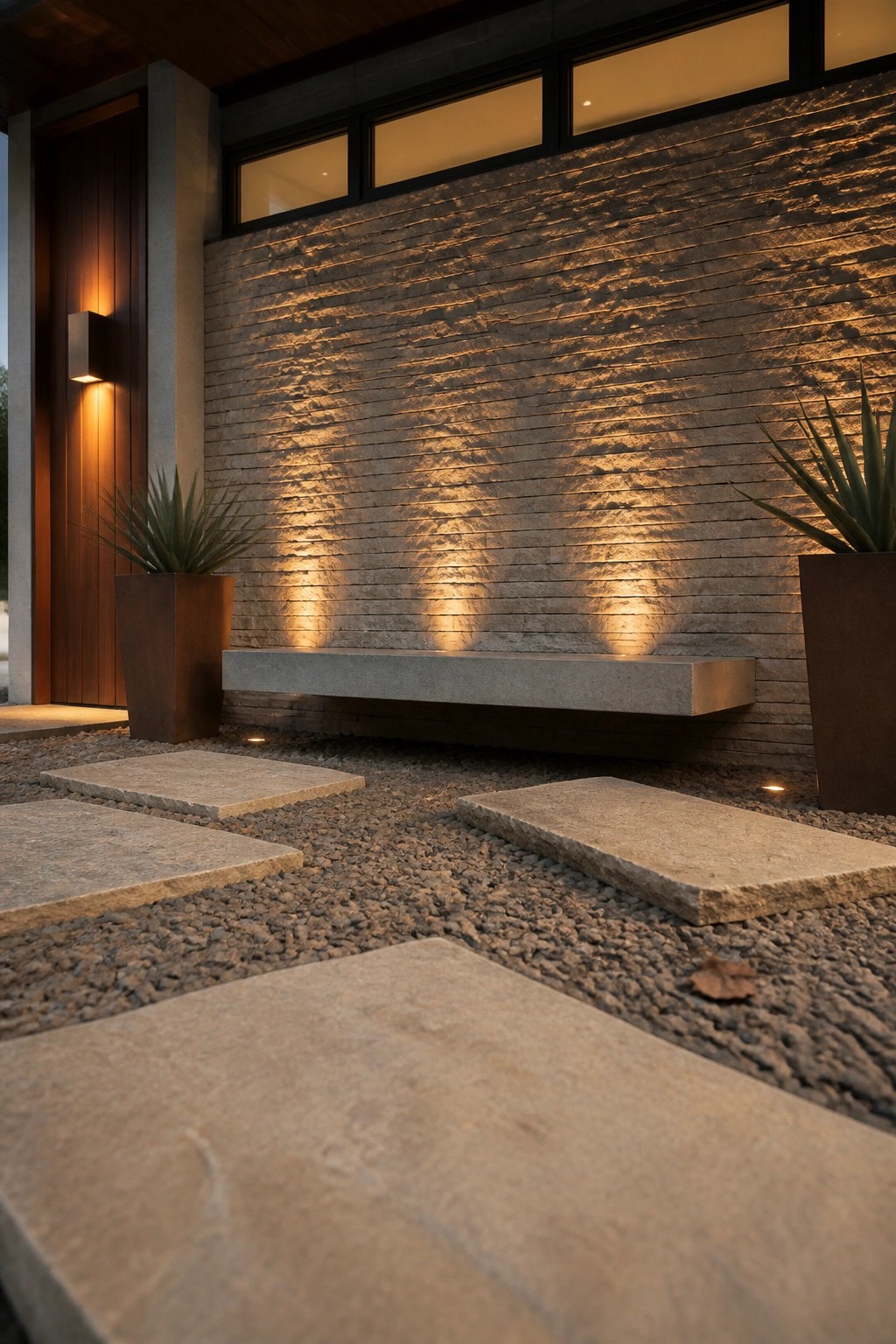 Modern house exterior with stacked stone wall lit by facade wash lighting, floating concrete bench, two large planters, and stone stepping pads on gravel.