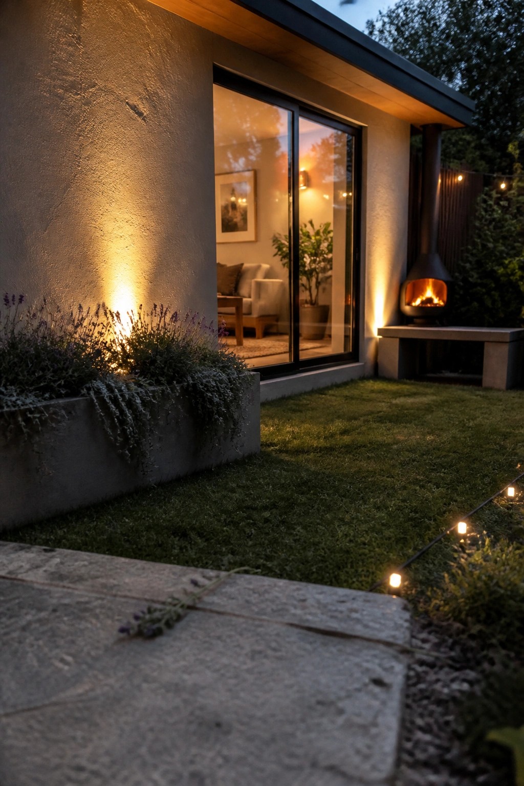 A modern house exterior at dusk with warm facade wash lighting on a textured wall, a concrete planter with lavender, large glass sliding doors, and an outdoor fireplace on the lawn.