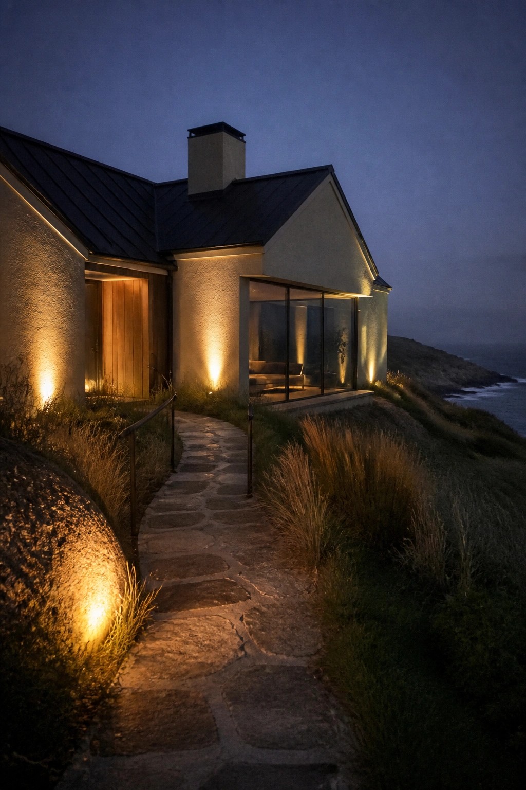 A modern house at dusk with warm facade wash lighting on its stucco exterior, a stone path leading to the entrance, and the ocean visible in the background.