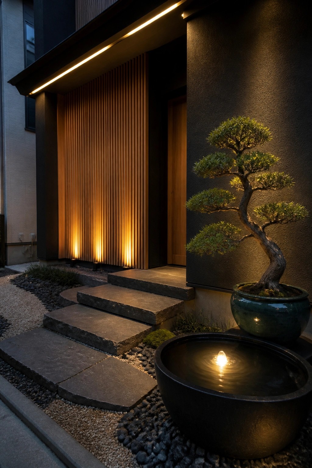 Modern house entrance with stone steps, vertical wood slats on the facade lit from below, a potted bonsai tree, and a dark water bowl in the foreground.