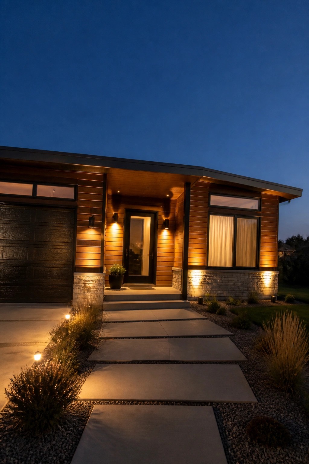Modern wooden house at dusk with warm lighting, stone accents, and concrete pathway