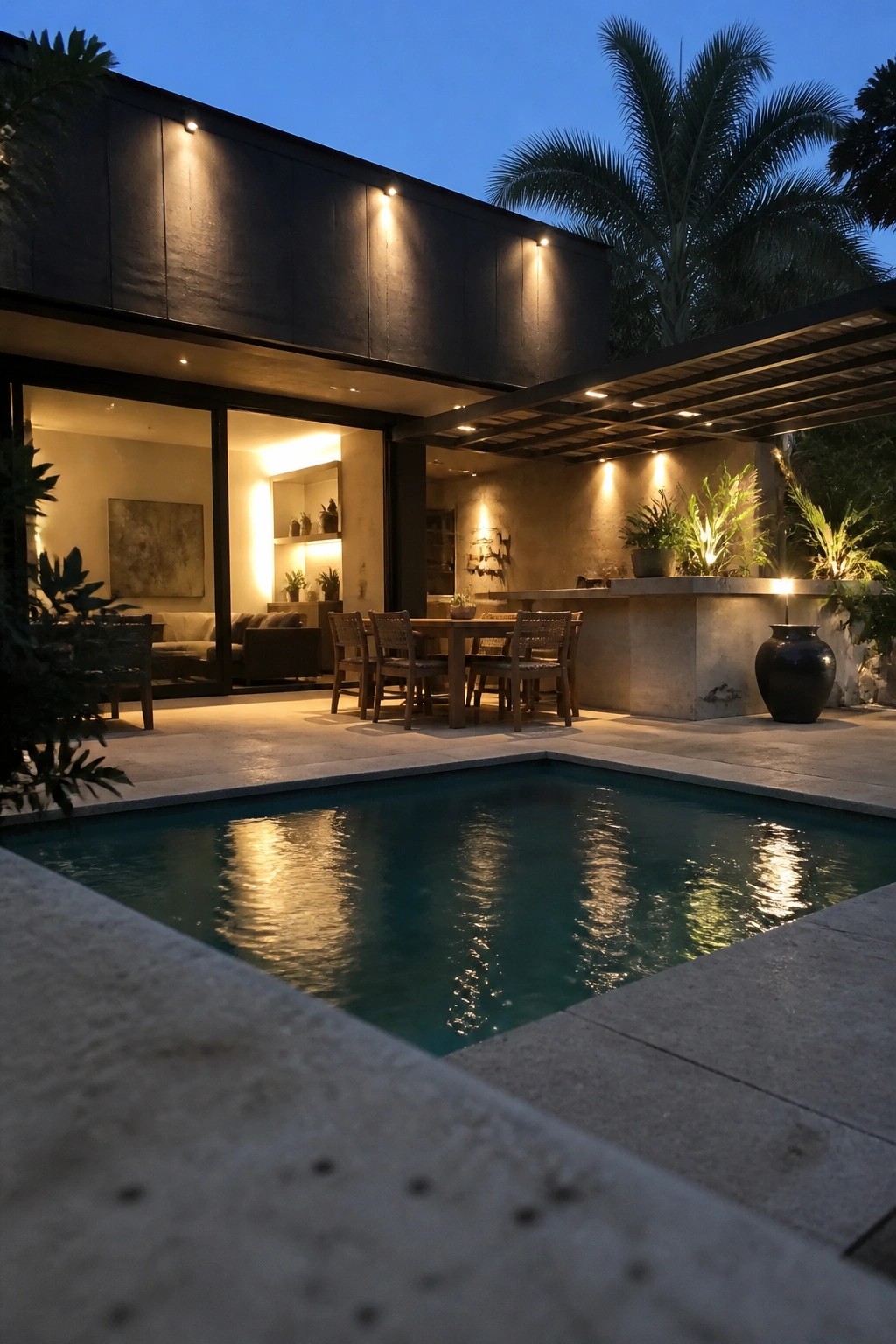 Modern villa with glowing pool, outdoor dining area, and warm-lit interior at dusk