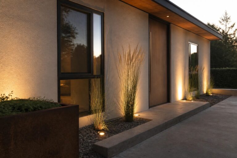 A modern house exterior at dusk with a wooden door, tall black-framed windows, and ground lights casting upward beams across the light stucco walls.