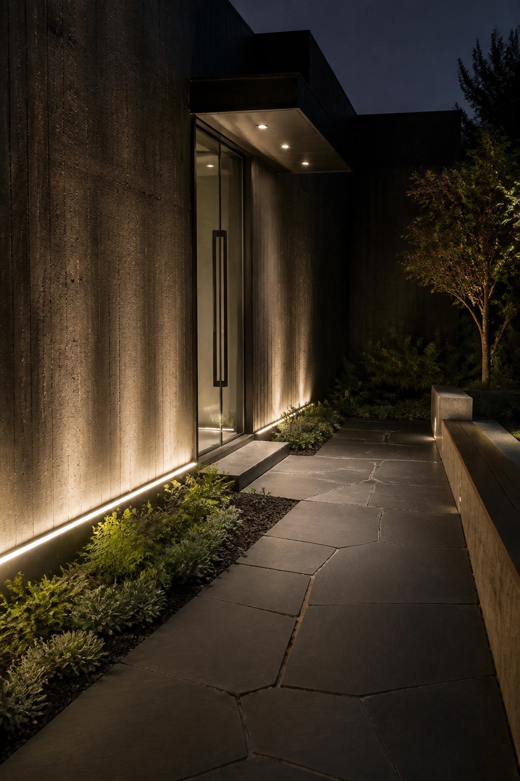 A modern dark concrete house exterior at night with a glass entry door, linear LED lighting along the base of the walls, and a stone pathway leading to the entrance.