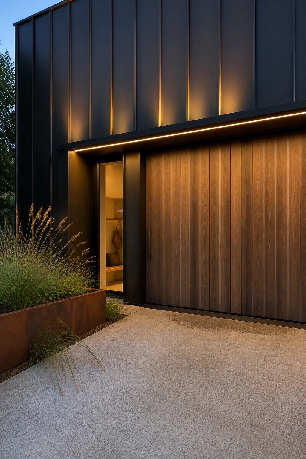 Modern dark metal facade with vertical wood door, glowing LED strips, and concrete path.