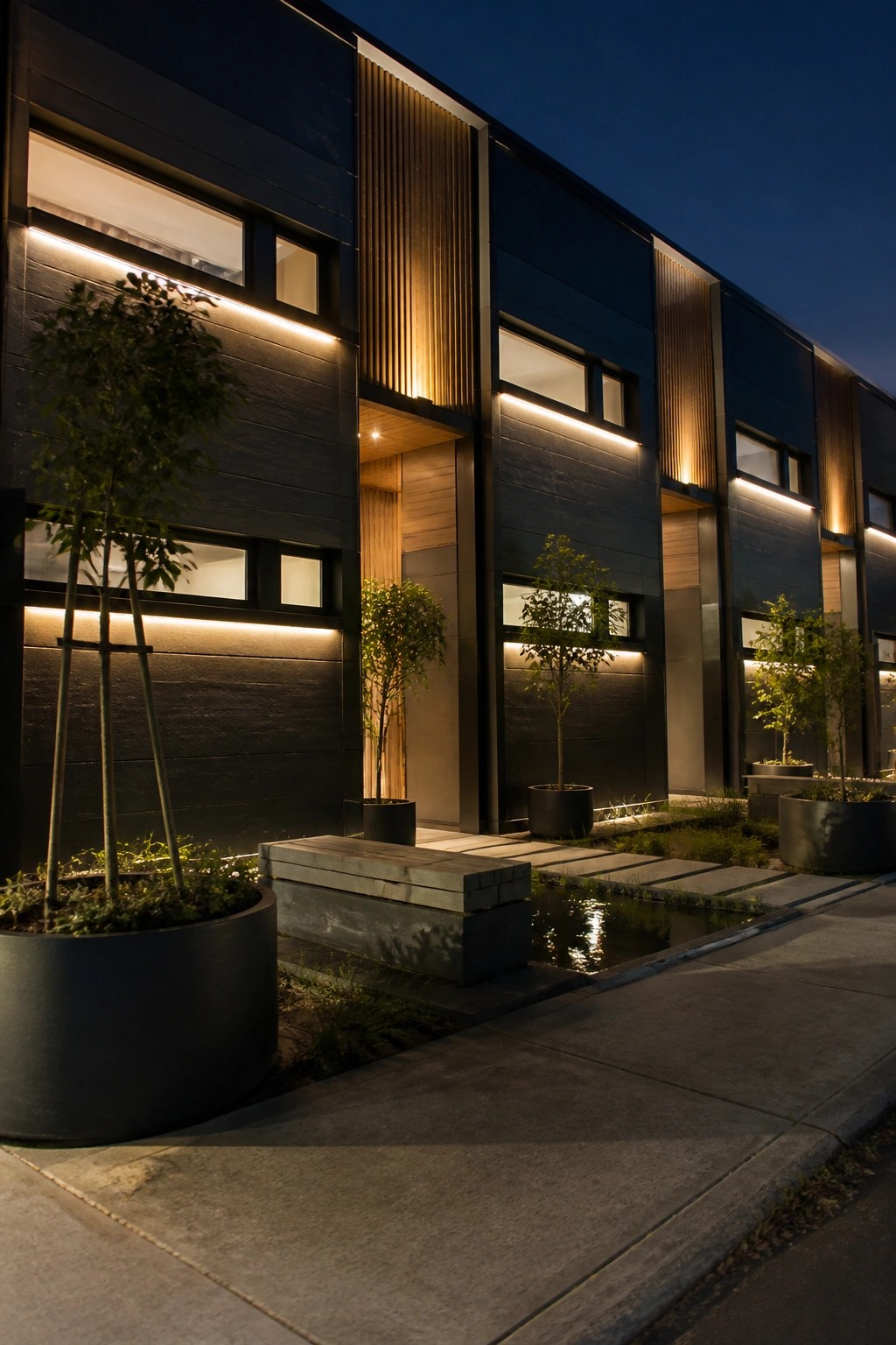 Modern dark house exterior at night with linear lights washing upward along siding and under windows, plus potted trees near a small water feature.