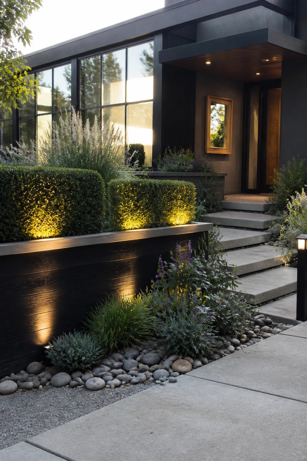 Modern house entrance with illuminated hedges, dark wood planters, and concrete steps.