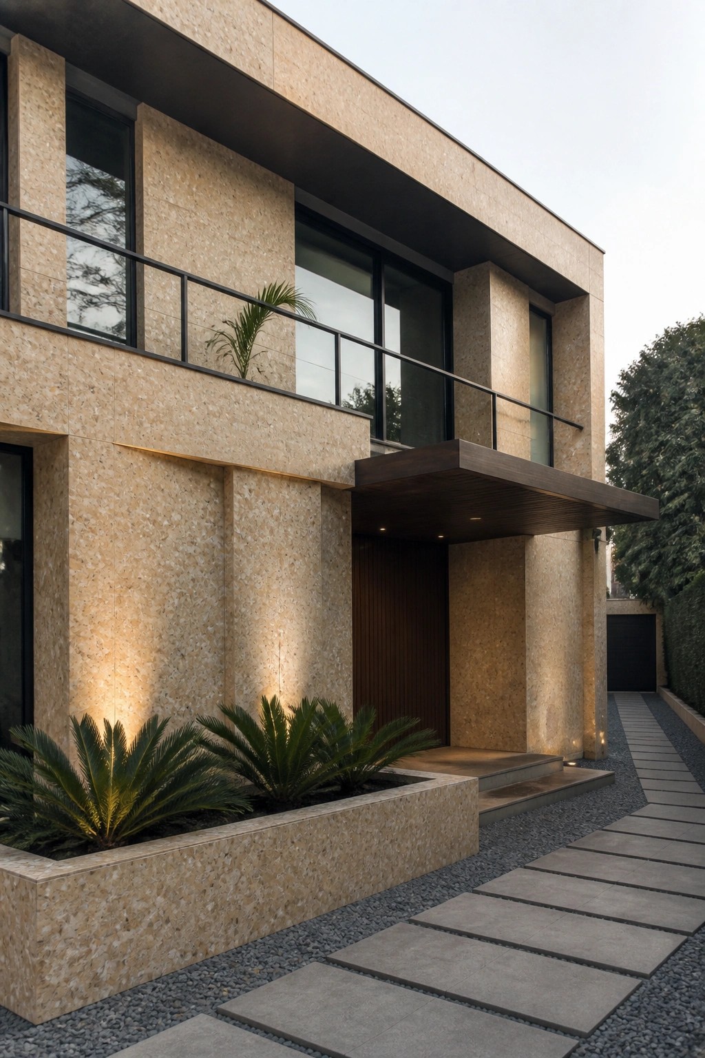 Modern two-story house exterior with beige textured stone walls, black-framed windows, a wooden entrance canopy, and a stone paver path.