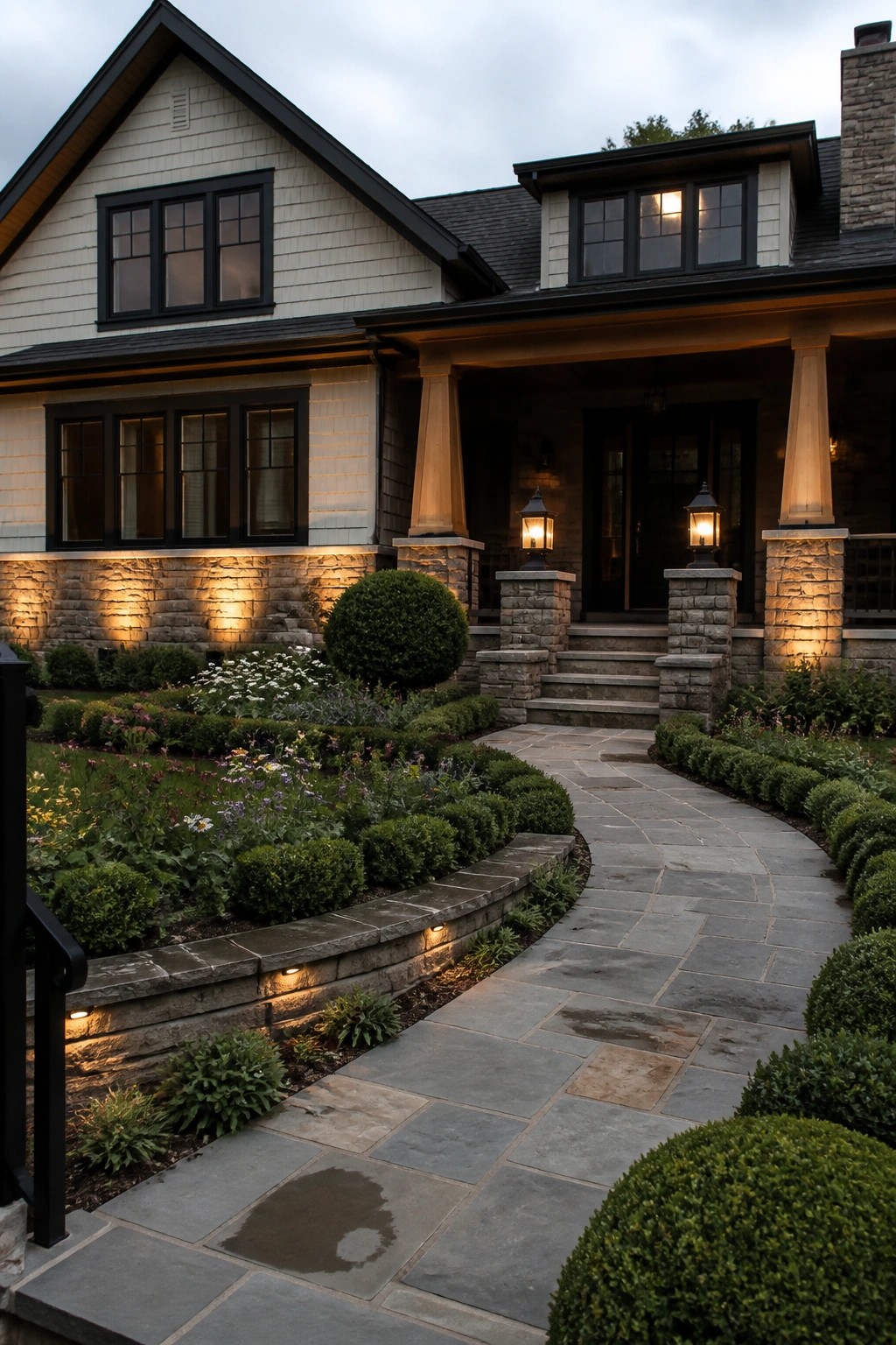 Stone pathway curves past gardens to warmly lit house with stone porch.