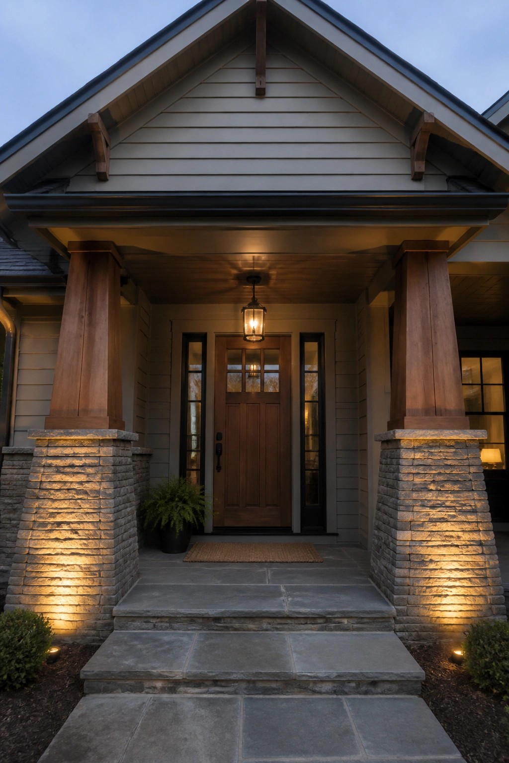 Twilight-lit home entrance with wooden door, glowing stone pillars, and hanging lantern