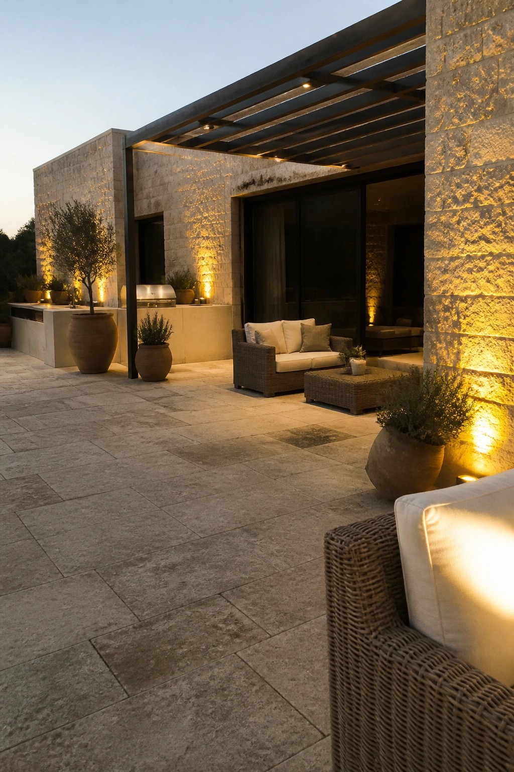A modern stone patio at dusk with warm facade wash lighting on the walls, wicker seating, a pergola, and large terracotta pots.