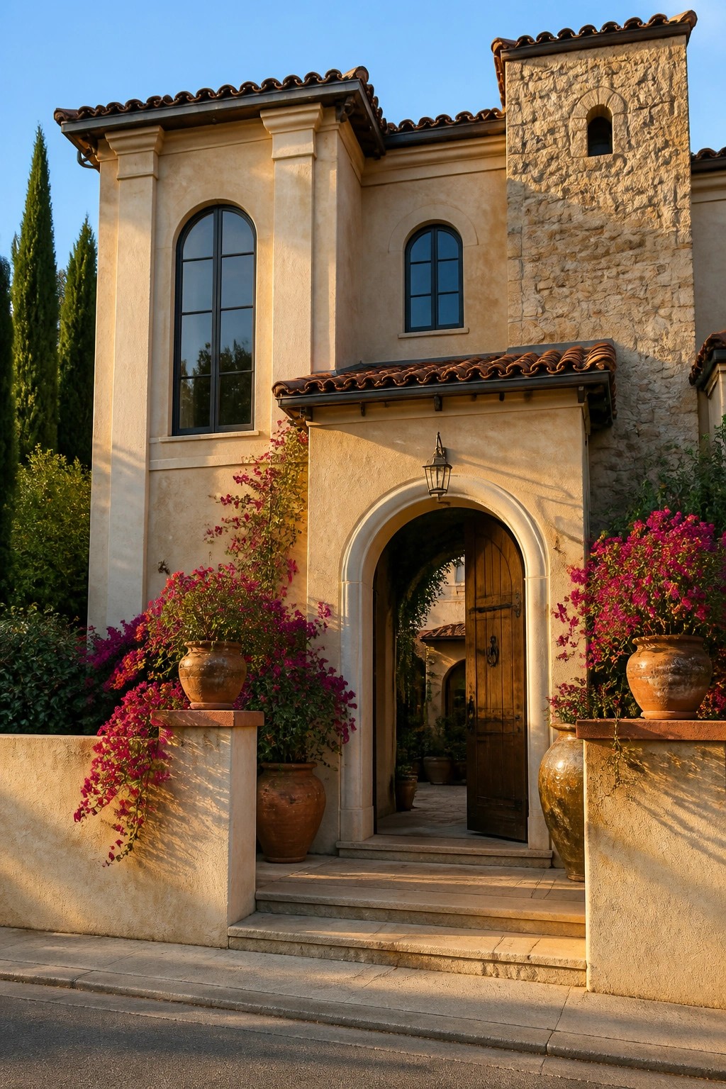 A two-story stucco house with a tall arched entryway, wooden door, and terracotta roof tiles.