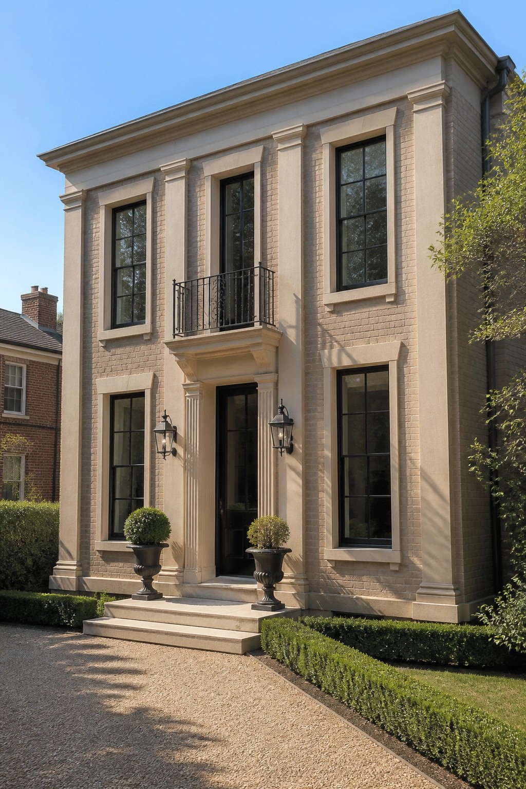 Elegant beige brick house with black-framed windows, central balcony, and potted urns by entrance.