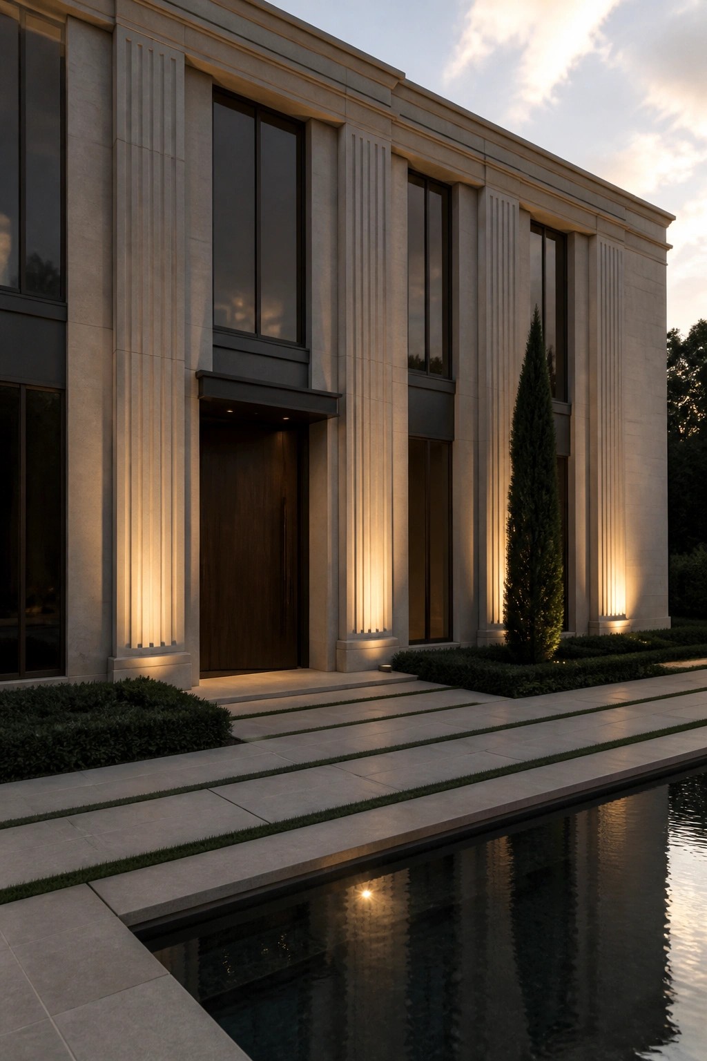 Two-story stone house facade at dusk with tall fluted columns, dark wood entry door, and large vertical windows above a reflecting pool.