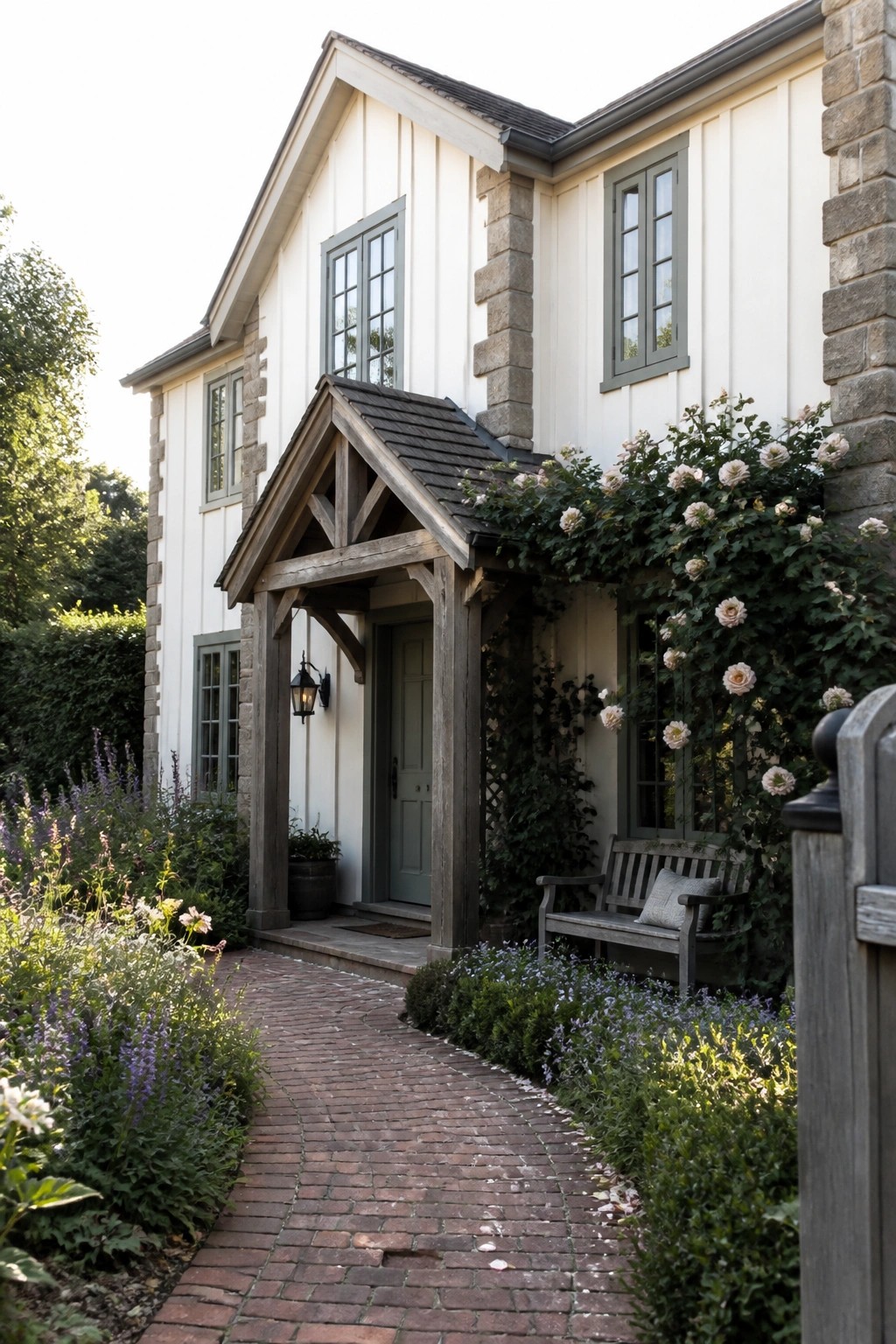 A two-story house with white vertical siding, stone accents, and a wooden gabled entry porch over a light blue door, with a brick path leading to the front.