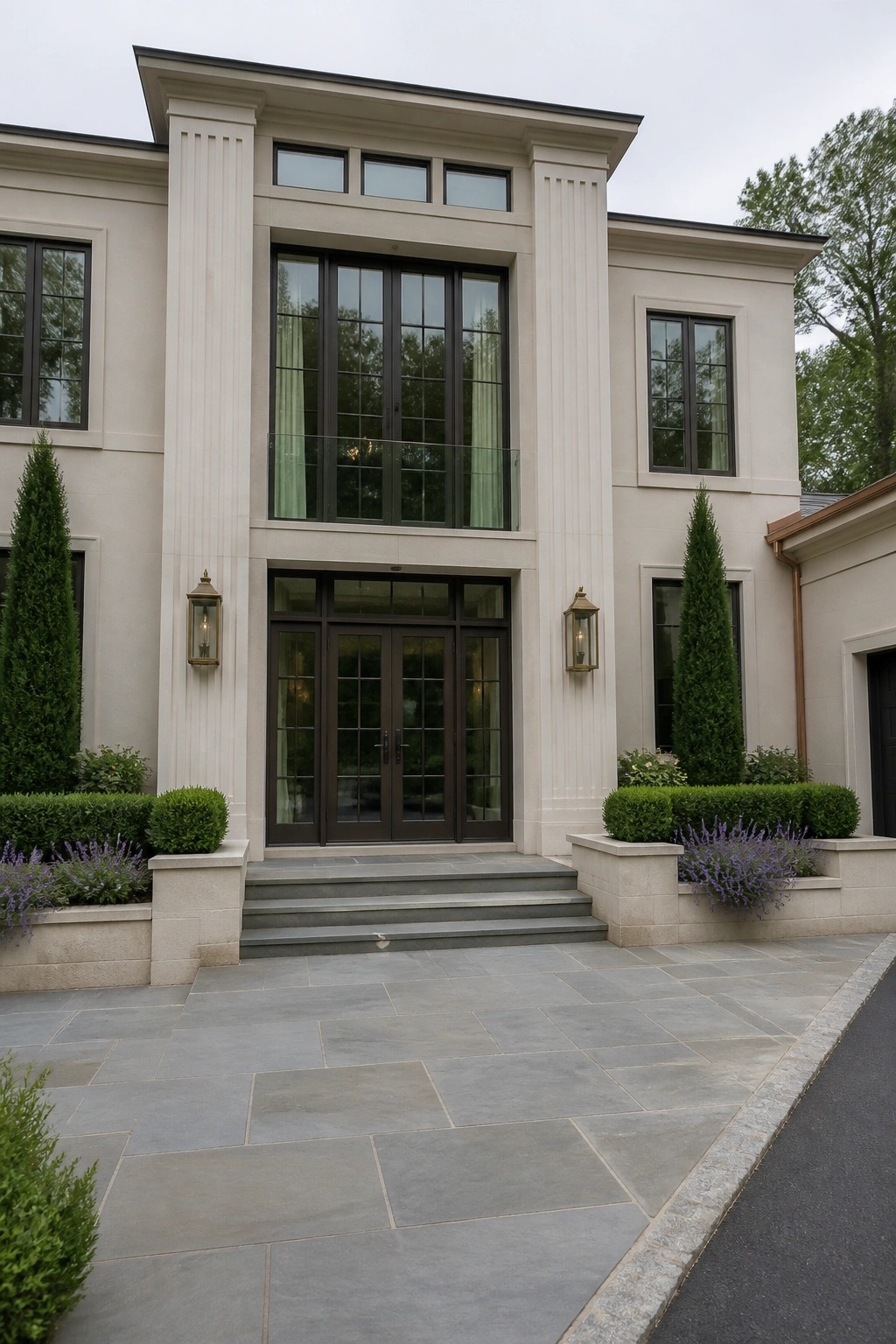 Front view of a two-story house facade with tall fluted columns flanking a central entrance, dark-framed windows, and stone steps leading to double doors.