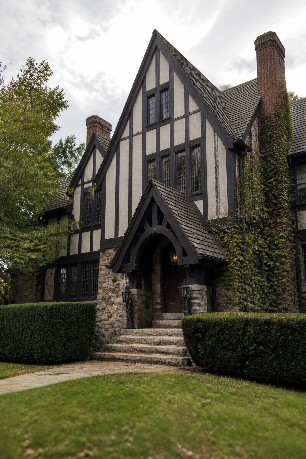 A two-story Tudor-style house with a tall central gable, black timber framing, stone base, and ivy on the right side.