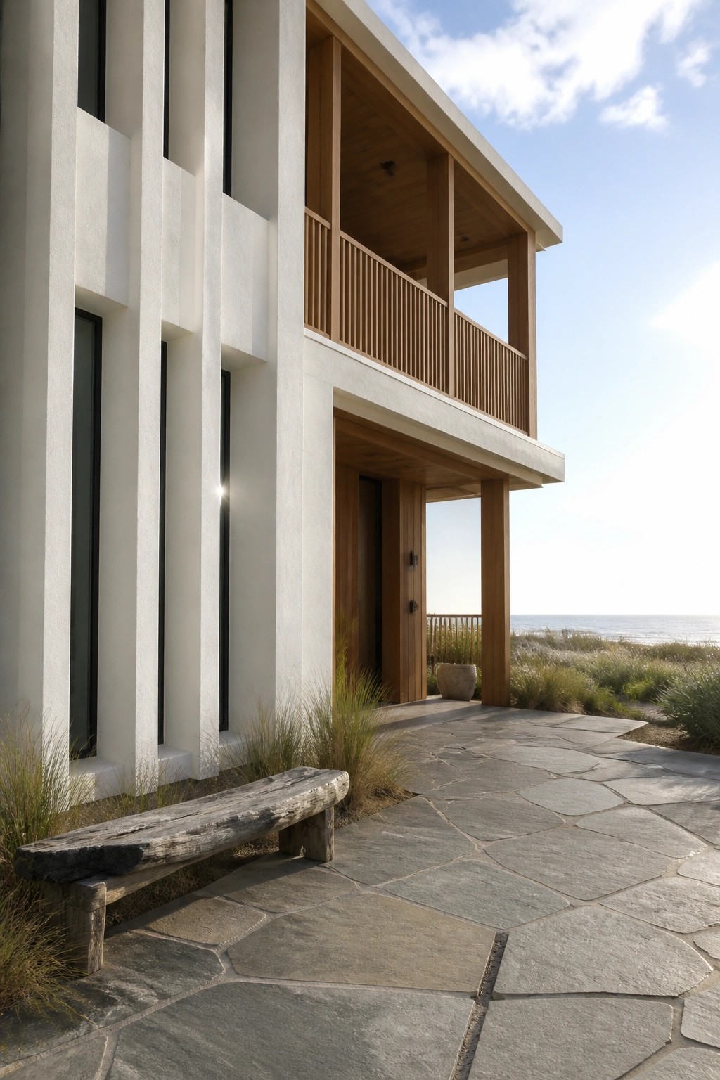 Modern white beach house with wooden balcony above stone patio and ocean view.