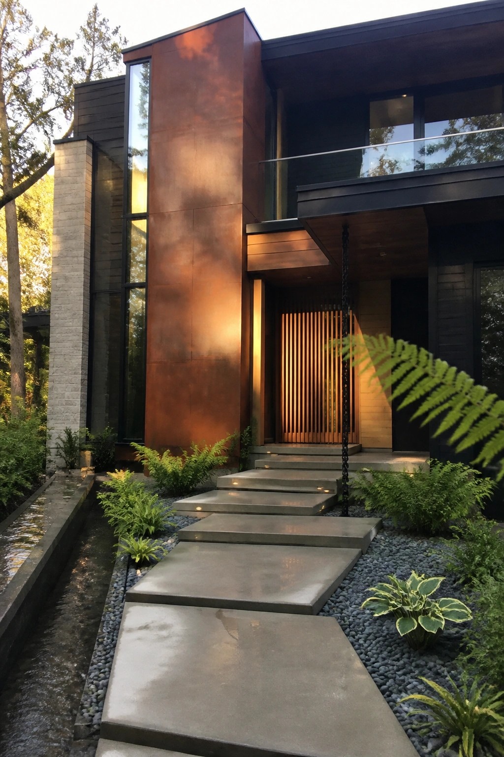 Modern two-story house exterior featuring a tall vertical copper panel beside the entrance, concrete steps, and mixed dark and light siding.