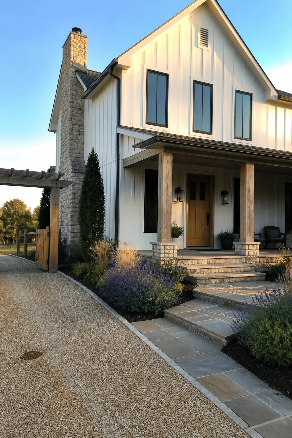 A two-story white house with vertical siding, a stone chimney on the left, a wooden front porch with stone bases, and a gravel driveway leading to stone steps.