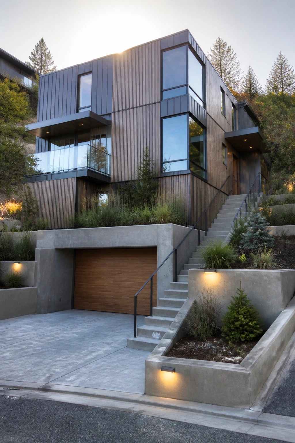 A modern two-story house with vertical wood and metal siding, large windows, a wooden garage door, and concrete stairs on a sloped lot.