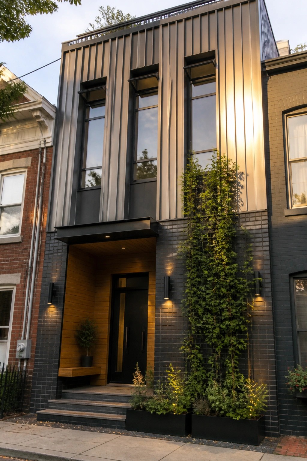 A modern two-story house facade featuring tall vertical metal panels above a dark brick base, with a recessed wooden entry, black door, and climbing vines on one side.