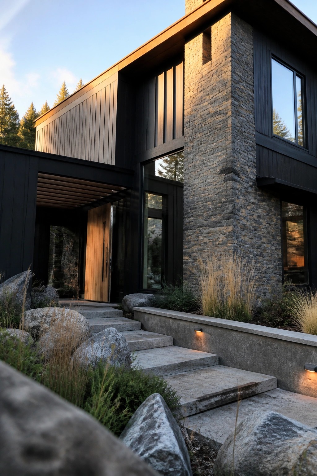 Modern two-story house exterior featuring dark wood siding, large vertical stone section, tall windows, and concrete steps leading to the entrance.