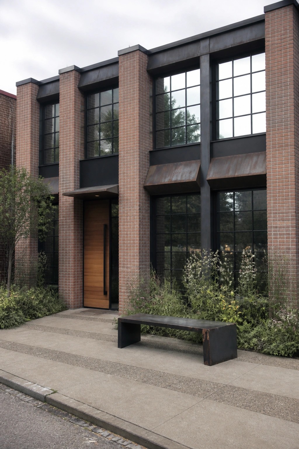 A two-story brick building with tall black-framed grid windows, a wooden entry door, metal awnings, and a dark metal bench on the concrete walkway in front.
