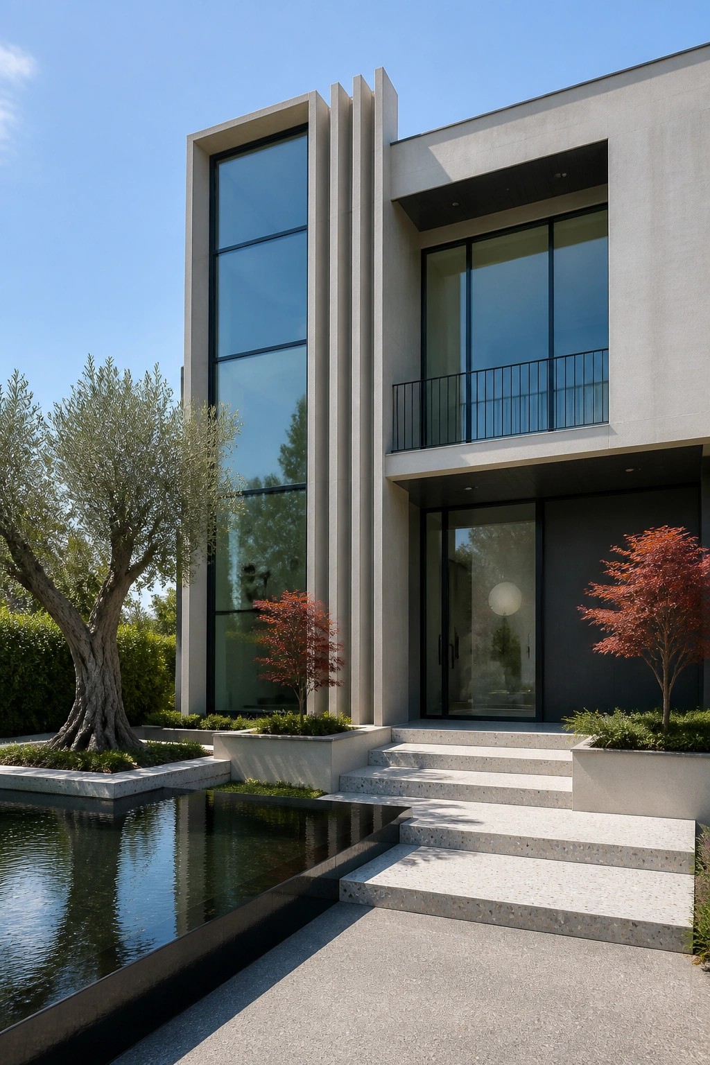 A modern two-story concrete house with a tall vertical window section on the left side of the facade and a second-floor balcony on the right.