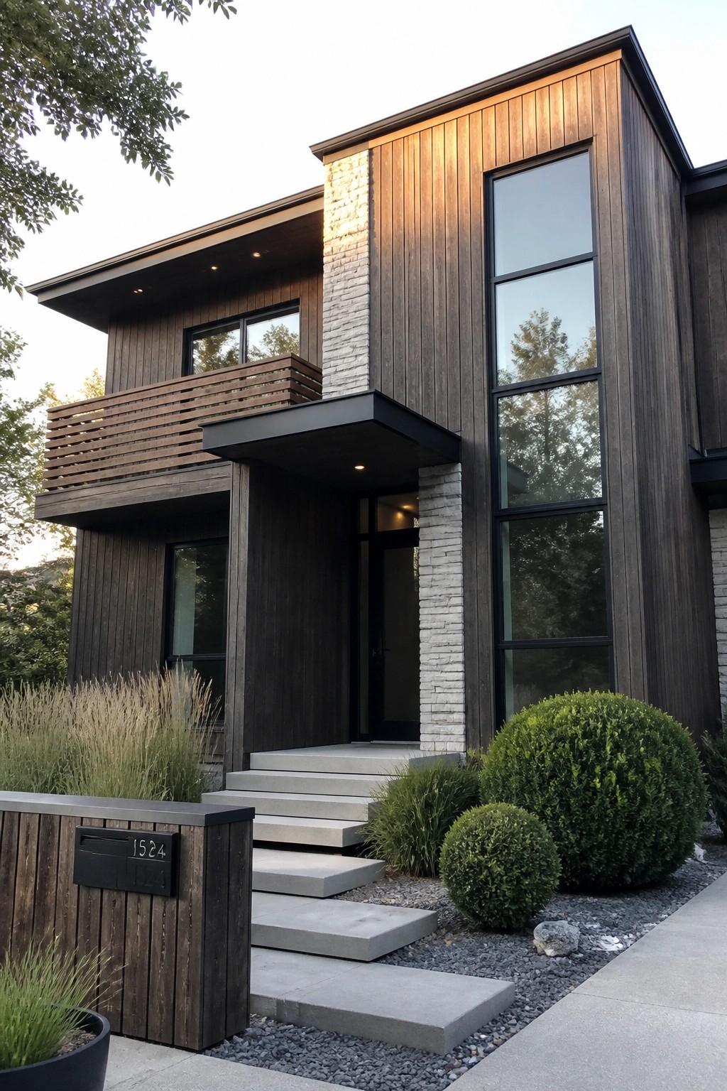 A modern two-story house exterior featuring dark vertical wood siding, tall stacked windows, stone accents around the entry, and concrete steps leading to the front door.