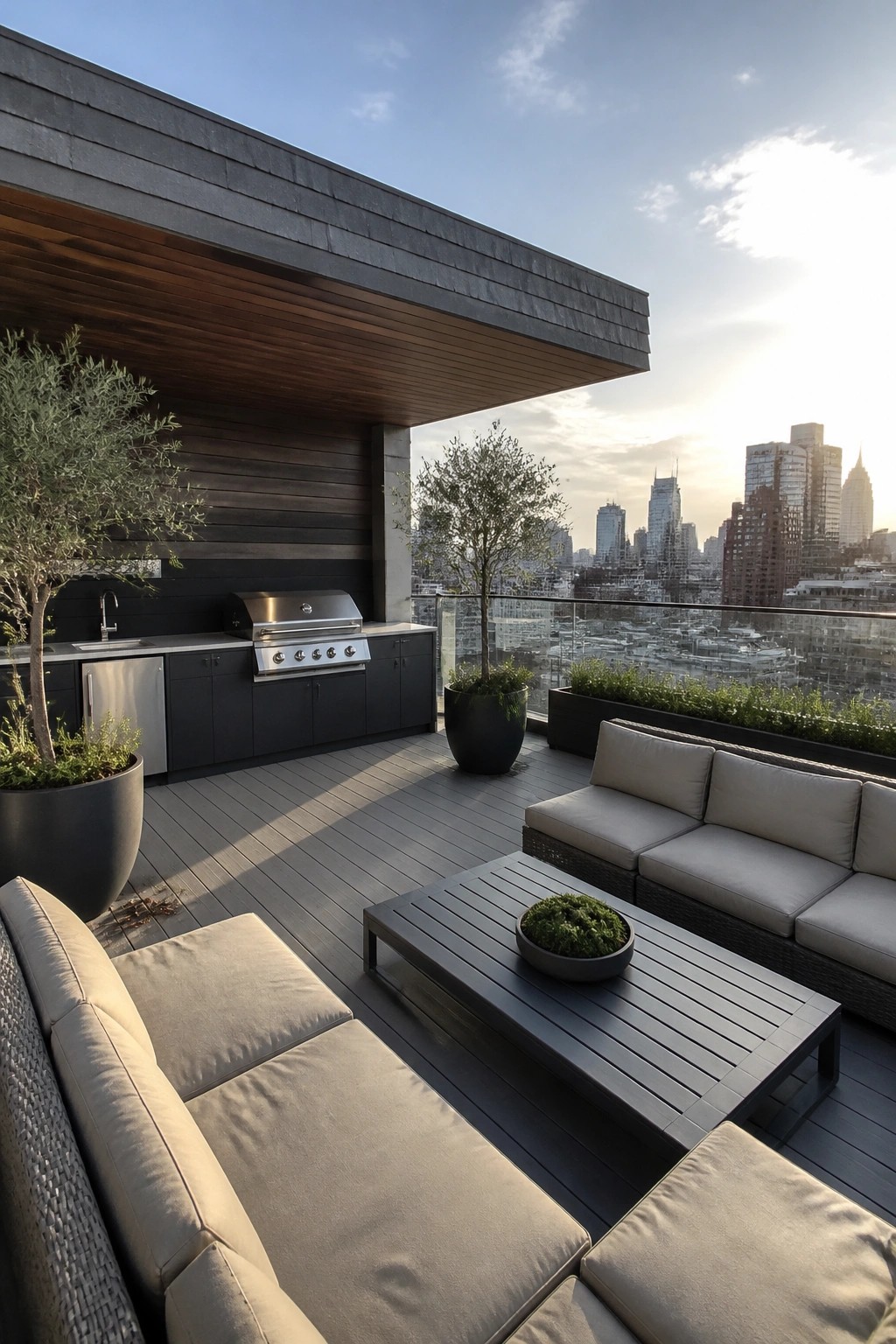 Rooftop terrace with outdoor kitchen, dark cabinetry, stainless grill, and cushioned seating arranged under a flat roof with deep wooden eaves overlooking city buildings.