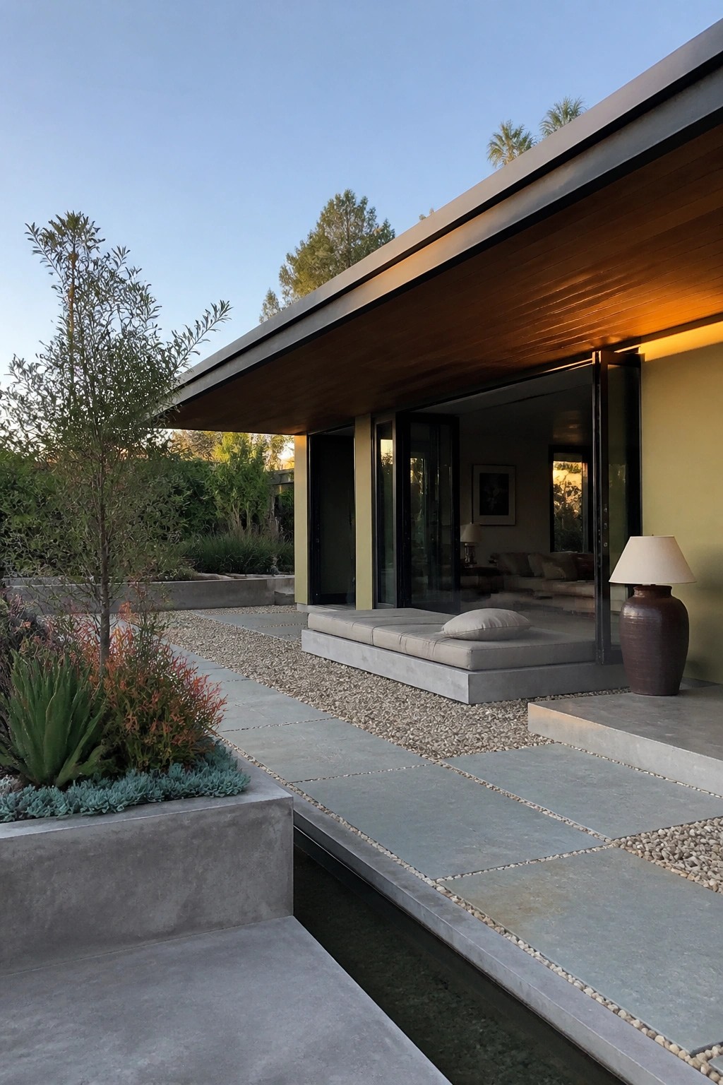 Modern house with flat roof, deep wooden eaves, open glass doors, and concrete patio with gravel and plants.