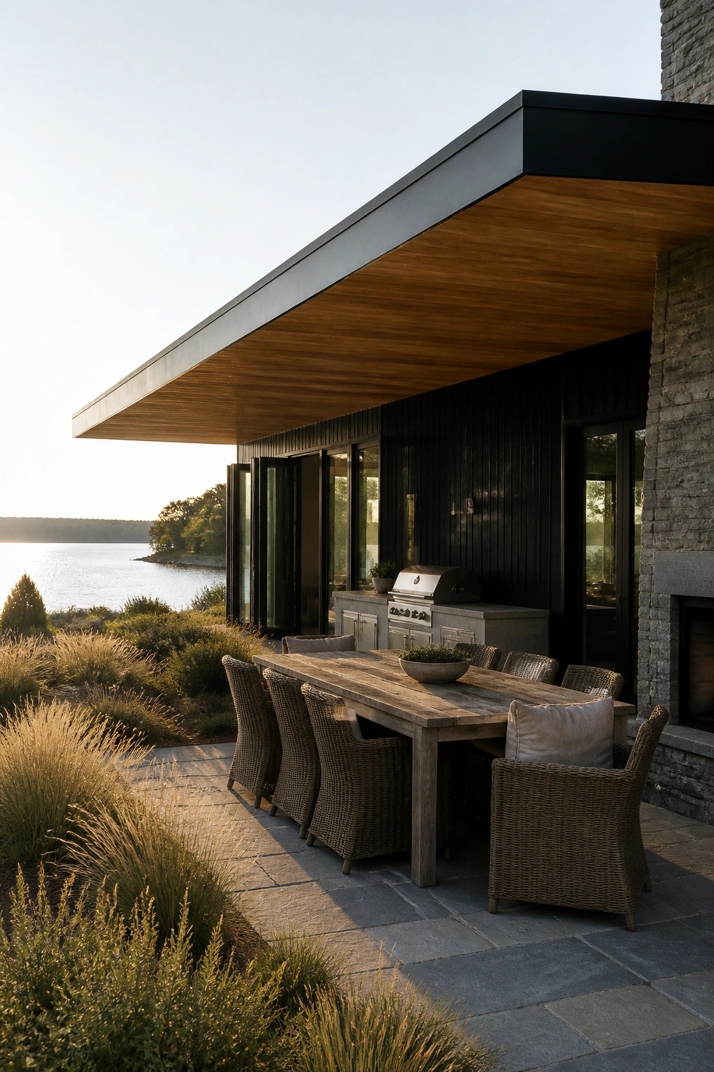 Modern home with a flat roof and deep wooden eaves covering an outdoor dining table and kitchen area on a stone patio beside a body of water.